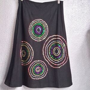 Edward Black Linen A Line Skirt With Colorful Accents    Size 10